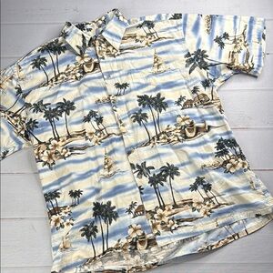 Pierre Cardin Blue Cream Casual Hawaiian Button Down Shirt Island Vibes Size XL